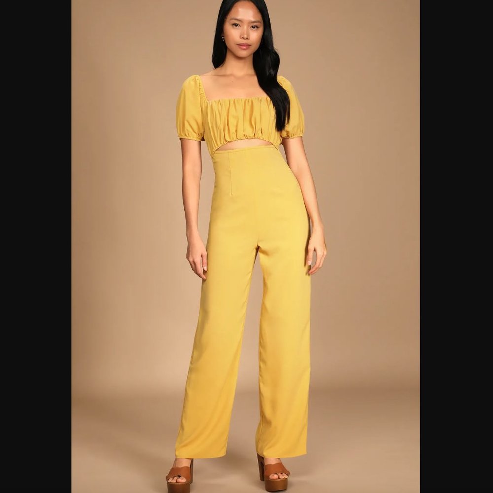 Lulu's Room for Love Light Yellow Puff Sleeve Cutout Jumpsuit Size XS